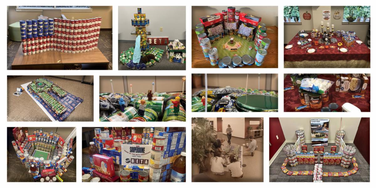 Collage of several sculptures made out of nonperishable food cans designed to look like the American flag, a fire hydrant, a baseball stadium, and more.