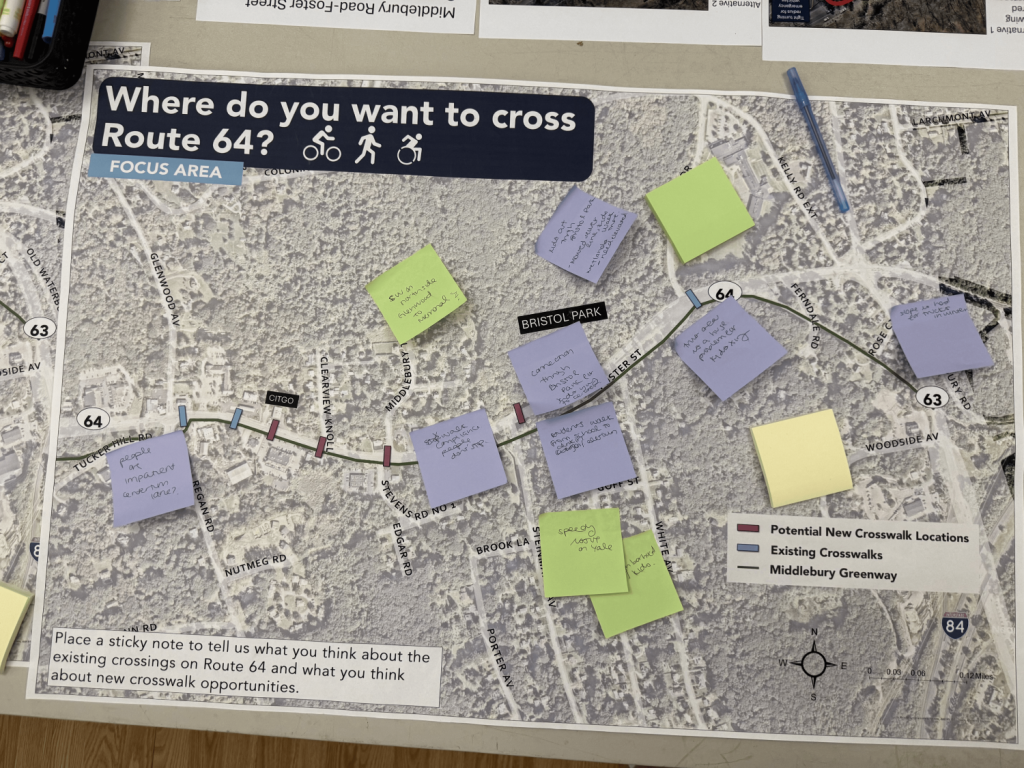 10.27 Nvcog Poster with map of existing and potential new crosswalks titled "Where do you want to cross Route 64?" Residents left sticky notes at points along the route with comments.