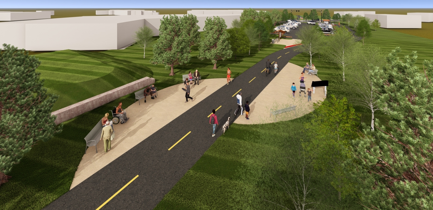3D rendering of a segment of multi-use trail with hardscape and landscaping in use by pedestrians and bicyclists.