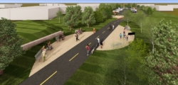 3D rendering of a segment of multi-use trail with hardscape and landscaping in use by pedestrians and bicyclists.