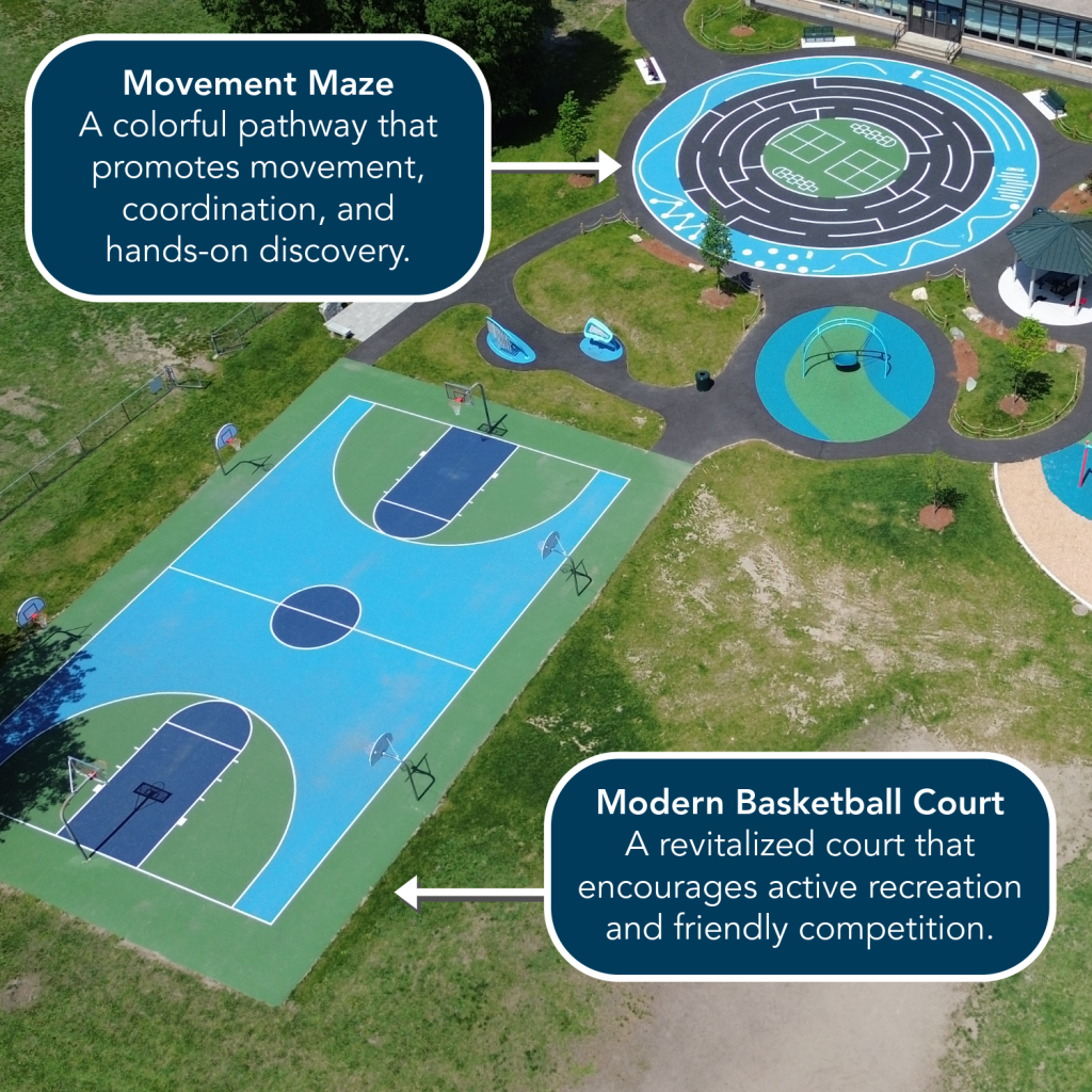 Parks Rec Pngs 1 A closeup of the Reilly School Playground in Lowell, MA featuring the Movement Maze and Modern Basketball Court