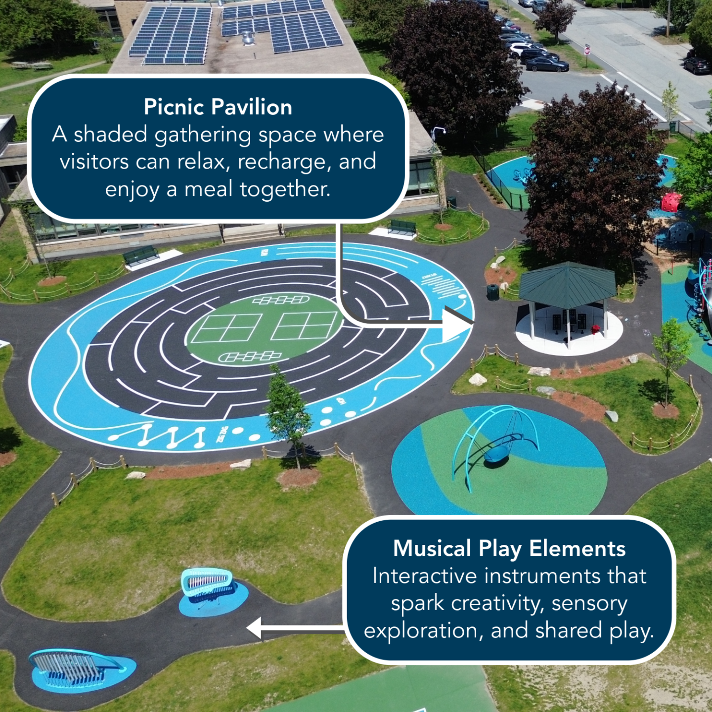 A closeup of the Reilly School Playground in Lowell, MA featuring the Picnic Pavilion & Musical Play Elements