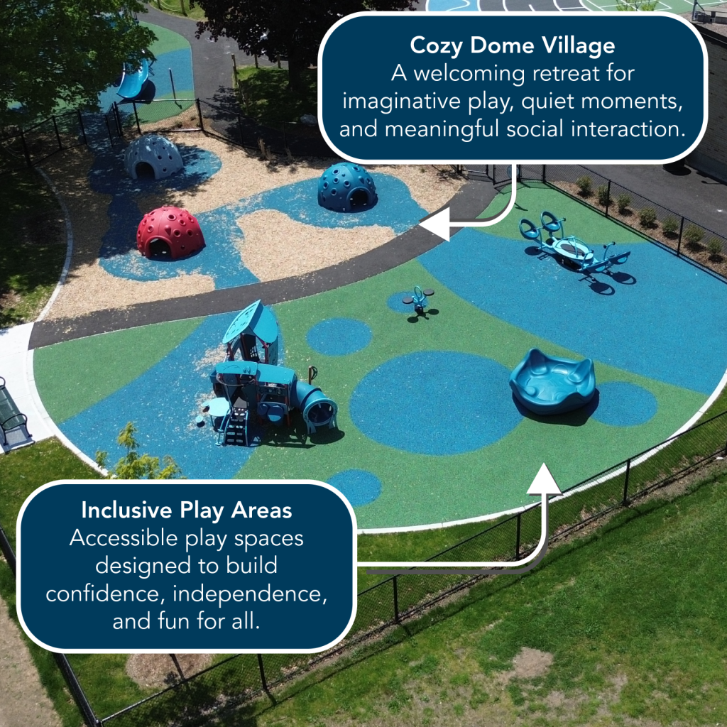 Parks Rec Pngs 4 A closeup of the Reilly School Playground in Lowell, MA featuring the Cozy Dome Village and Inclusive Play Areas
