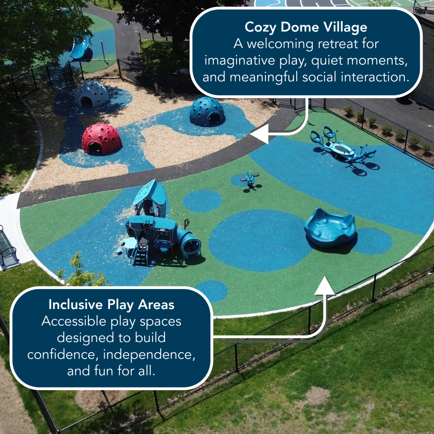 A closeup of the Reilly School Playground in Lowell, MA featuring the Cozy Dome Village and Inclusive Play Areas