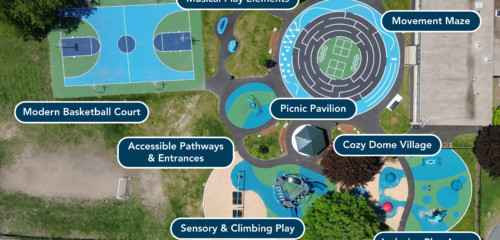 A diagram of the Reilly School Playground in Lowell, MA and the thoughtful elements BETA included in the redesign
