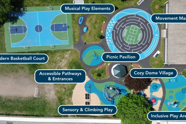 A diagram of the Reilly School Playground in Lowell, MA and the thoughtful elements BETA included in the redesign