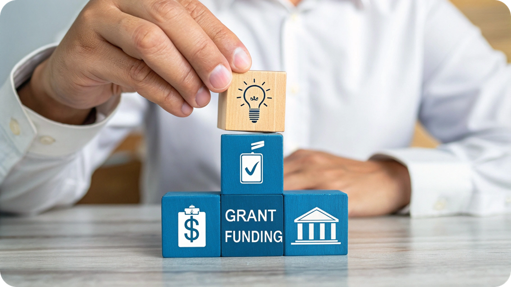 A person stacking blocks that read "Grant Funding" with icons related to money and government
