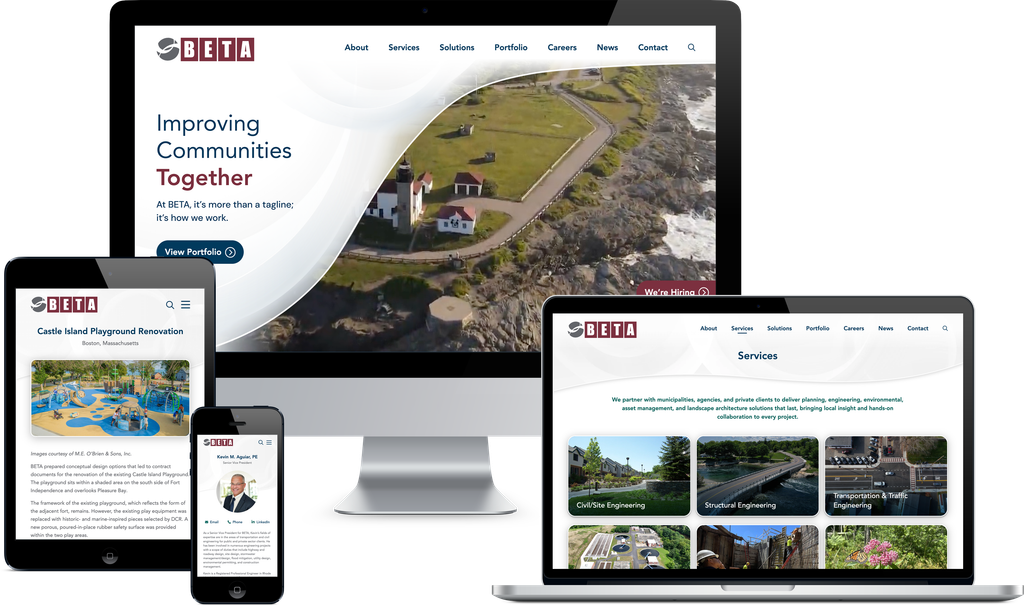 A graphic showcasing BETA's newly designed website, featuring a desktop, laptop, mobile, and tablet view